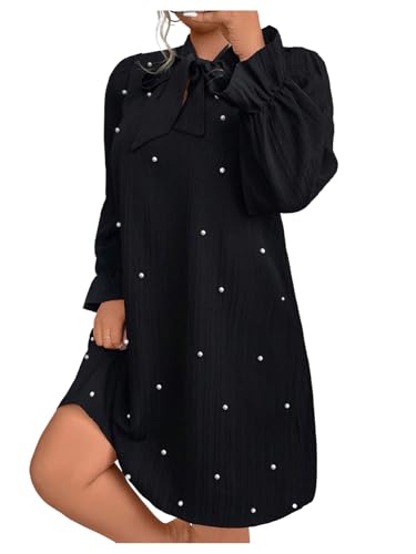 Women's Plus Size Pearl Beaded Tie Neck Long Sleeve Casual Work Short Dress
