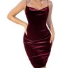 Women's Cowl Neck Bodycon Cami Dress Spaghetti Strap Party Cocktail Midi Velvet Dress