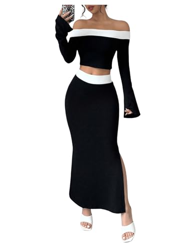 Women's 2 Piece Split Fishtail Skirt Set Monochrome Off Shoulder Top Outfit