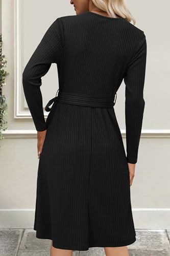 Womens 2025 Fall Dresses Teacher Church Business Casual Work Outfits Knit Midi Sweater Pockets Belt Dress