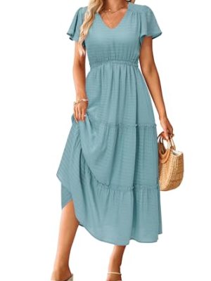 Women's 2025 Summer Boho Maxi Dresses Flutter Short Sleeve V Neck Casual Beach Wedding Guest Vacation Long Dress