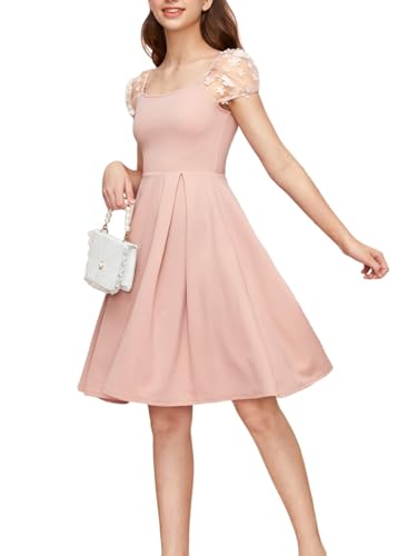 Girl's Appliques Mesh Puff Sleeve Square Neck Ruffle Hem Dress