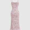 Women's Floral Print Ruched Sleeveless Cami Dress Fishtail Bodycon Midi Dress