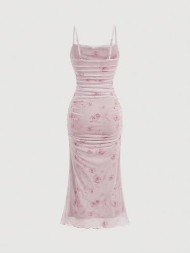 Women's Floral Print Ruched Sleeveless Cami Dress Fishtail Bodycon Midi Dress