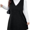 Women's Plus Size Corduroy V Neck Tank Overall Dress Sleeveless Loose Casual Short Dress
