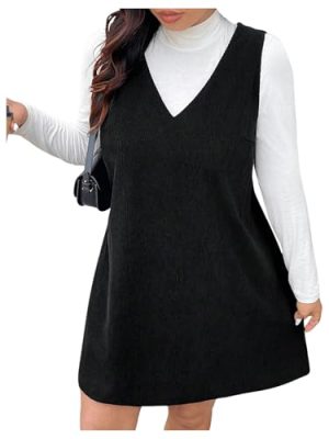 Women's Plus Size Corduroy V Neck Tank Overall Dress Sleeveless Loose Casual Short Dress
