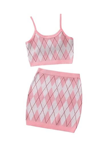 Girl's 2 Piece Outfits Argyle Pattern Sleeveless Sweater Vest and Bodycon Skirt Set