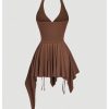 Women's Punk Halter Mini Dress Western Asymmetrical Ruffle Sleeveless Drawstring Ruched A Line Dresses