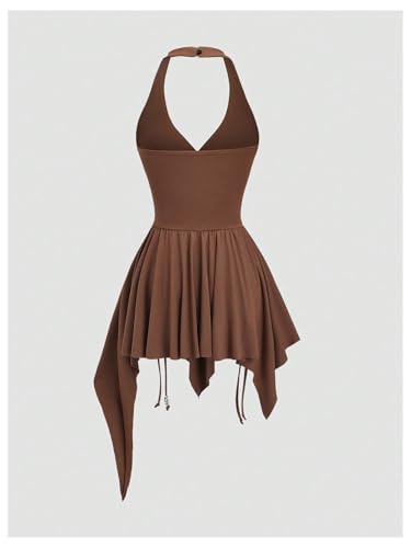 Women's Punk Halter Mini Dress Western Asymmetrical Ruffle Sleeveless Drawstring Ruched A Line Dresses