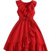 Girl's Ruffle Trim Wrap V Neck Sleeveless Dress Party Belted A Line Dresses