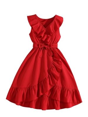 Girl's Ruffle Trim Wrap V Neck Sleeveless Dress Party Belted A Line Dresses