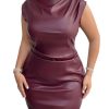 Women's Plus Size PU Leather Sleeveless Mini Dress Ruched Mock Neck Bodycon Dresses