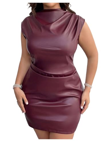 Women's Plus Size PU Leather Sleeveless Mini Dress Ruched Mock Neck Bodycon Dresses