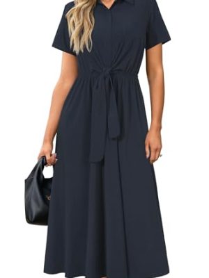 Womens Wear to Work Teacher Business Casual Outfits Long Dresses Tie Waist Shirt Dress Attire with Pockets