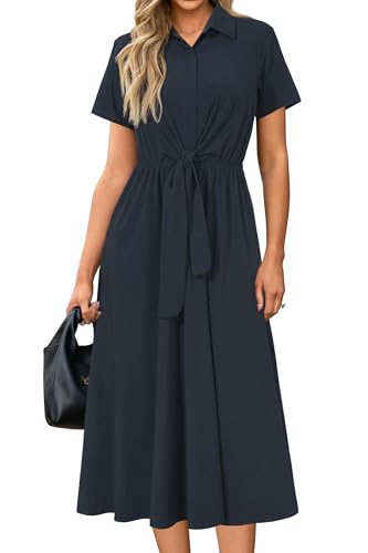 Womens Wear to Work Teacher Business Casual Outfits Long Dresses Tie Waist Shirt Dress Attire with Pockets