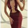 Women's Cut Out Tie Backless Halter Maxi Dress Sexy Sleeveless Ring Linked Fishtail Bodycon Dresses