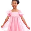 Girl's Mesh Short Puff Sleeve Square Neck High Waist Flared Hem Zipper A Line Dress