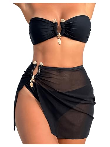 Women's Ring Linked Bandeau Bikini Set Tie Backless Bathing Suit 3 Piece Swimsuit with Cover Up Skirt
