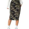 Women's Camo Print High Waist Skinny Midi Skirts Split Side Drawstring Waist Hip Skirt