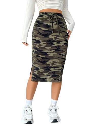 Women's Camo Print High Waist Skinny Midi Skirts Split Side Drawstring Waist Hip Skirt