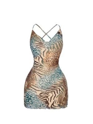 Women's Plus Size Leopard Print Draped Cowl Neck Cami Dress Criss Cross Backless Mini Dresses