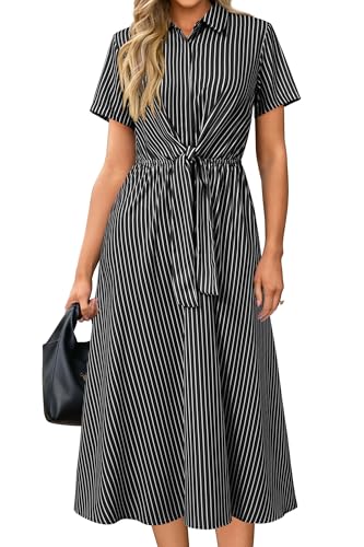 Womens Wear to Work Teacher Business Casual Outfits Long Dresses Tie Waist Shirt Dress Attire with Pockets