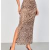 Women's Leopard Print Mesh Skirt Ruched Split Thigh Low Waist Maxi Skirts