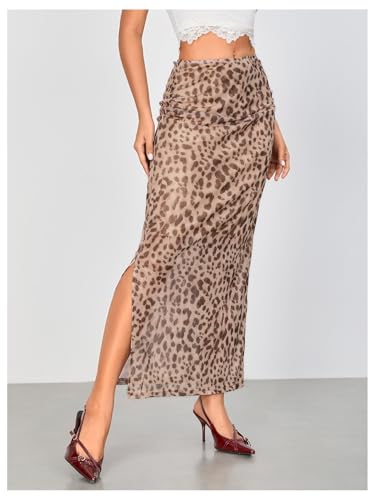 Women's Leopard Print Mesh Skirt Ruched Split Thigh Low Waist Maxi Skirts