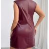 Women's Plus Size PU Leather Sleeveless Mini Dress Ruched Mock Neck Bodycon Dresses