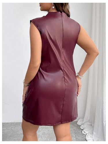 Women's Plus Size PU Leather Sleeveless Mini Dress Ruched Mock Neck Bodycon Dresses