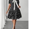 Women's Plus Size Polka Dots Bow Tie Short Dress Puff Sleeve Ruffle A Line Dresses