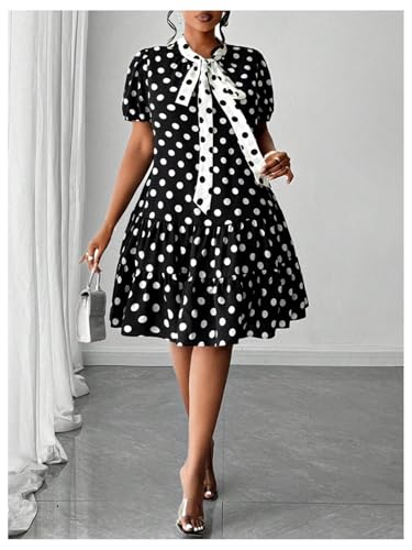 Women's Plus Size Polka Dots Bow Tie Short Dress Puff Sleeve Ruffle A Line Dresses