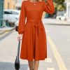Womens Long Sleeve Casual Dresses 2025 Business Work Teacher Fall Church Belted A Line Flowy Midi Dress