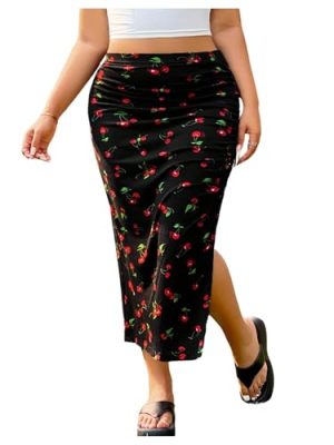 Women's Plus Size Checkered Ruched Midi Skirt High Waist Split Thigh Pencil Skirts