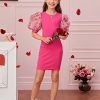 Girl's Ribbed Mesh Short Puff Sleeve Cute Birthday Party Pencil Mini Dress
