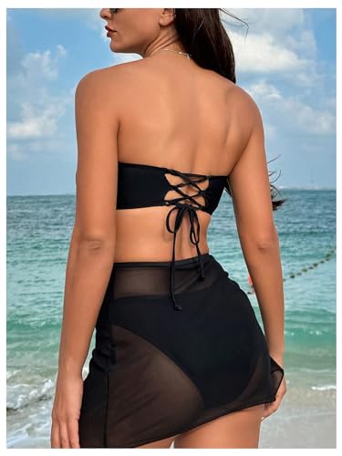 Women's Ring Linked Bandeau Bikini Set Tie Backless Bathing Suit 3 Piece Swimsuit with Cover Up Skirt
