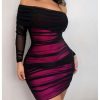 Women's Plus Size Off Shoulder Ruched Bodycon Dress Long Sleeve Mesh Mini Pencil Dresses