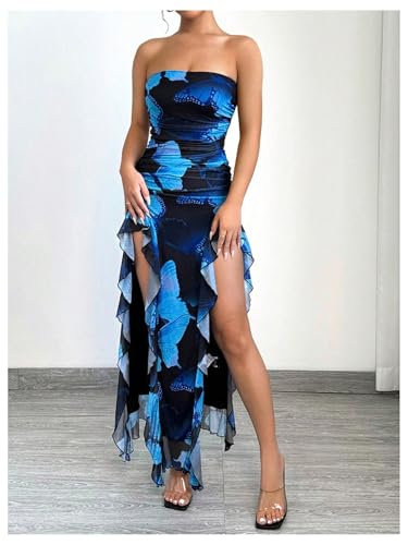 Women's Butterfly Print Asymmetrical Bodycon Maxi Dress Split Ruffle Trim Strapless Tube Dresses