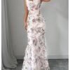 Women's Floral Mesh Bodycon Maxi Dress Frill Trim Sleeveless Fishtail Cami Dresses