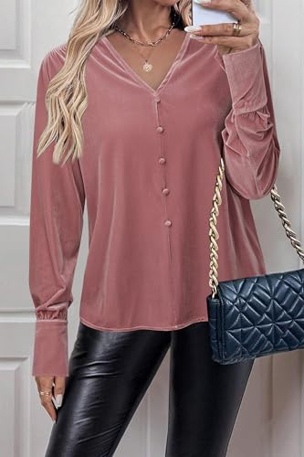 Women's Velvet Smocked Dressy Casual Fall Outfits Long Sleeve Button Down Shirts Business Work Tops Trendy