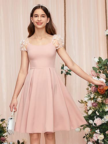 Girl's Appliques Mesh Puff Sleeve Square Neck Ruffle Hem Dress