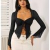 Women's Long Sleeve Front Tie Top Sexy Mesh Bell Sleeve Shirt