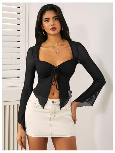 Women's Long Sleeve Front Tie Top Sexy Mesh Bell Sleeve Shirt