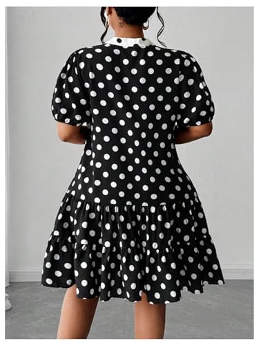 Women's Plus Size Polka Dots Bow Tie Short Dress Puff Sleeve Ruffle A Line Dresses