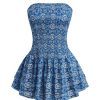 Women's Boho Print Strapless Mini Dress Smocked Ruffle Tiered A Line Tube Dress
