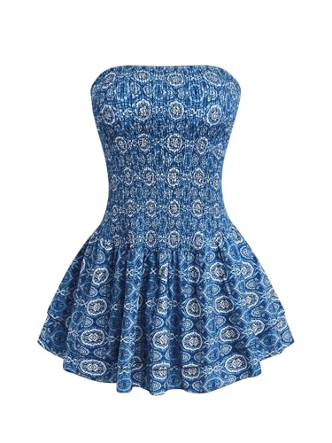 Women's Boho Print Strapless Mini Dress Smocked Ruffle Tiered A Line Tube Dress
