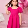Toddler Girl's Square Neck Short Puff Sleeve A Line Flared Tie Back Cute Mini Dress