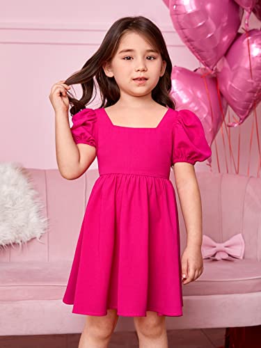 Toddler Girl's Square Neck Short Puff Sleeve A Line Flared Tie Back Cute Mini Dress