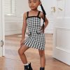 Girl's 2 Piece Outfits Houndstooth Print Double Button Long Sleeve Jacket and Cami Dress Set