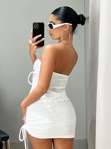 Women's 2 Piece Outfits Strapless Drawstring Front Ruched Crop Tube Top and Bodycon Skirt Set